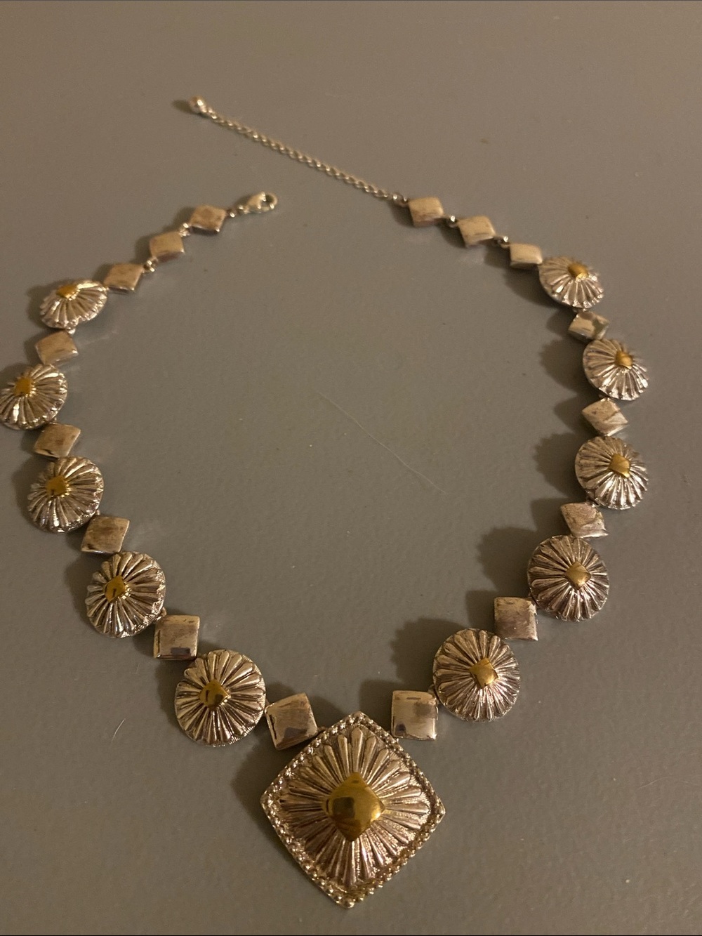 Silver-Tone Floral Medallion Necklace with Gold Accents